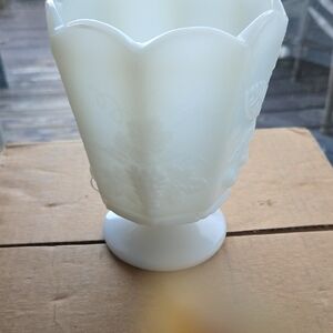 Elegant White Home Accent Vase Napco Compote Milk Glass Vines Cherrys. Grapes.